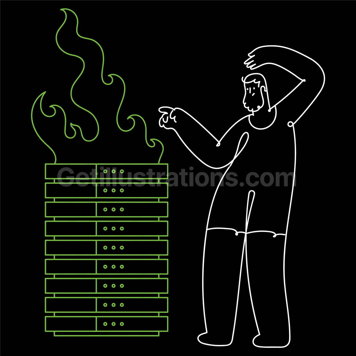 archive, server, meltdown, malfunction, fire, flame, burn, man, people